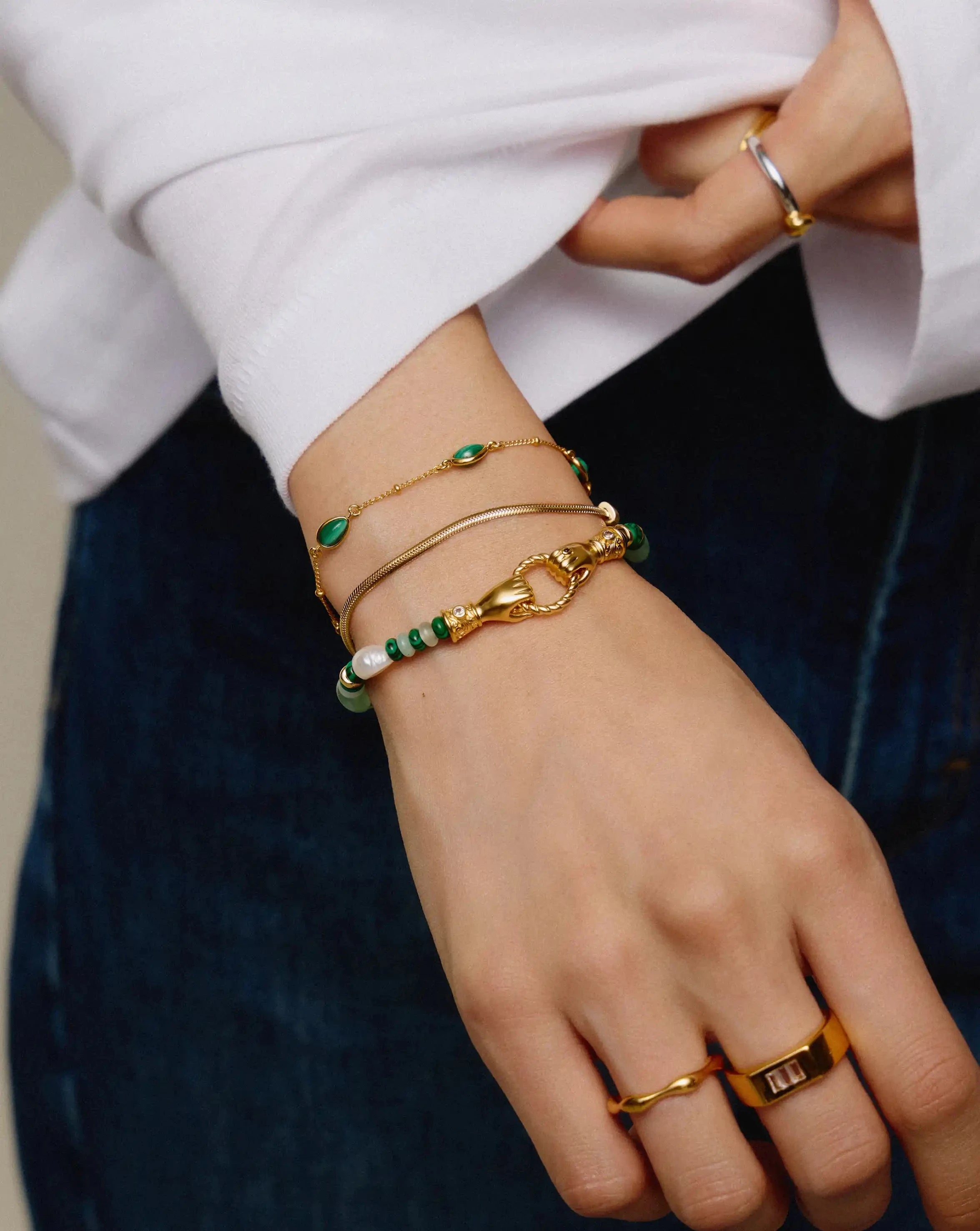 Harris Reed In Good Hands Beaded Gemstone Bracelet | 18ct Gold Plated/Multi Green Gemstone & Pearl Bracelets Missoma 