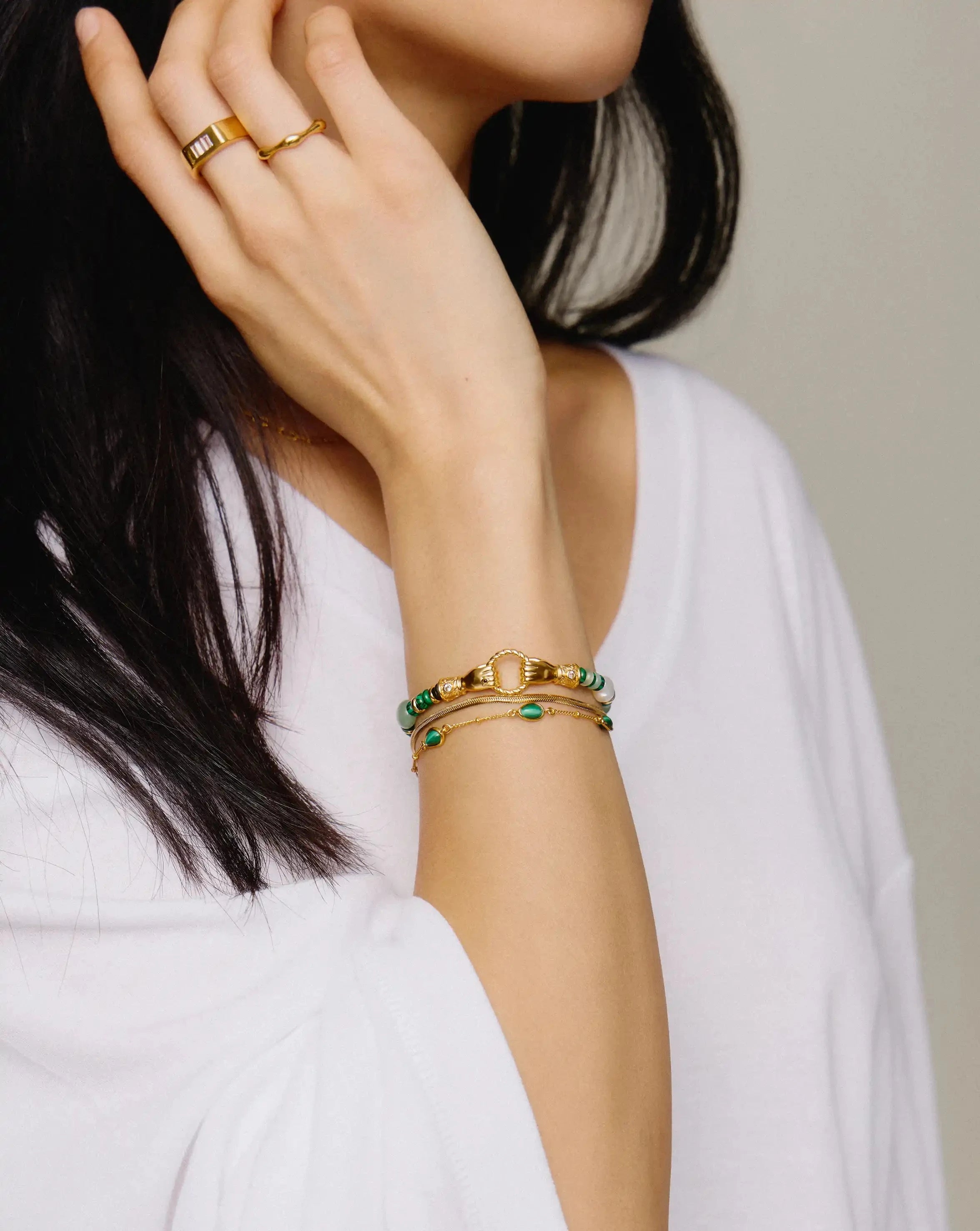 Harris Reed In Good Hands Beaded Gemstone Bracelet | 18ct Gold Plated/Multi Green Gemstone & Pearl Bracelets Missoma 