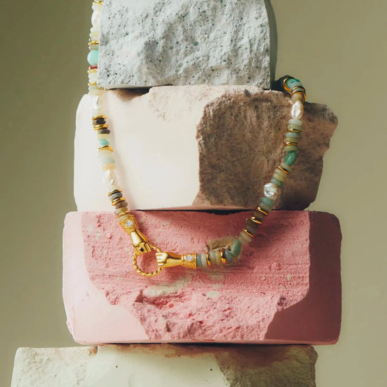 Harris Reed In Good Hands Chunky Beaded Gemstone Necklace | 18ct Gold Plated/Multi Amazonite & Pearl Necklaces Missoma 