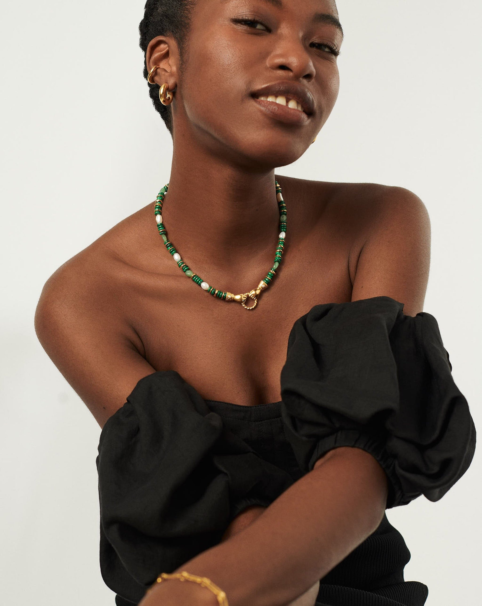 Harris Reed In Good Hands Chunky Beaded Gemstone Necklace | 18ct Gold Plated/Multi Green Gemstone & Pearl Necklaces Missoma 