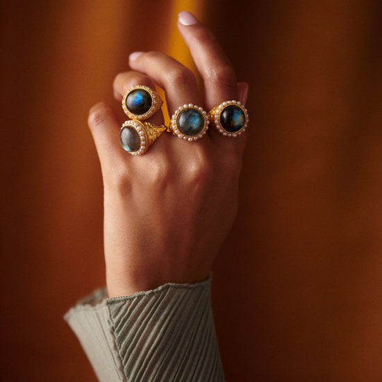 Harris Reed Labradorite Cocktail Ring | 18ct Gold Plated/Pearl & Labradorite Rings Missoma 