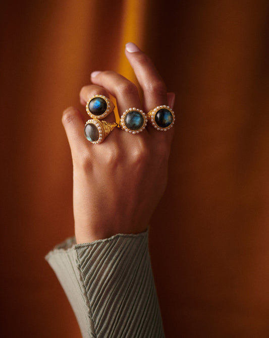 Harris Reed Labradorite Cocktail Ring | 18ct Gold Plated/Pearl & Labradorite Rings Missoma 
