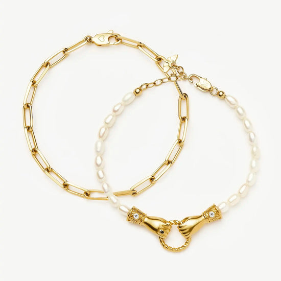 In Good Hands Pearl & Chain Bracelet Set | 18ct Gold Plated / Pearl & Black Onyx Bracelets Missoma 
