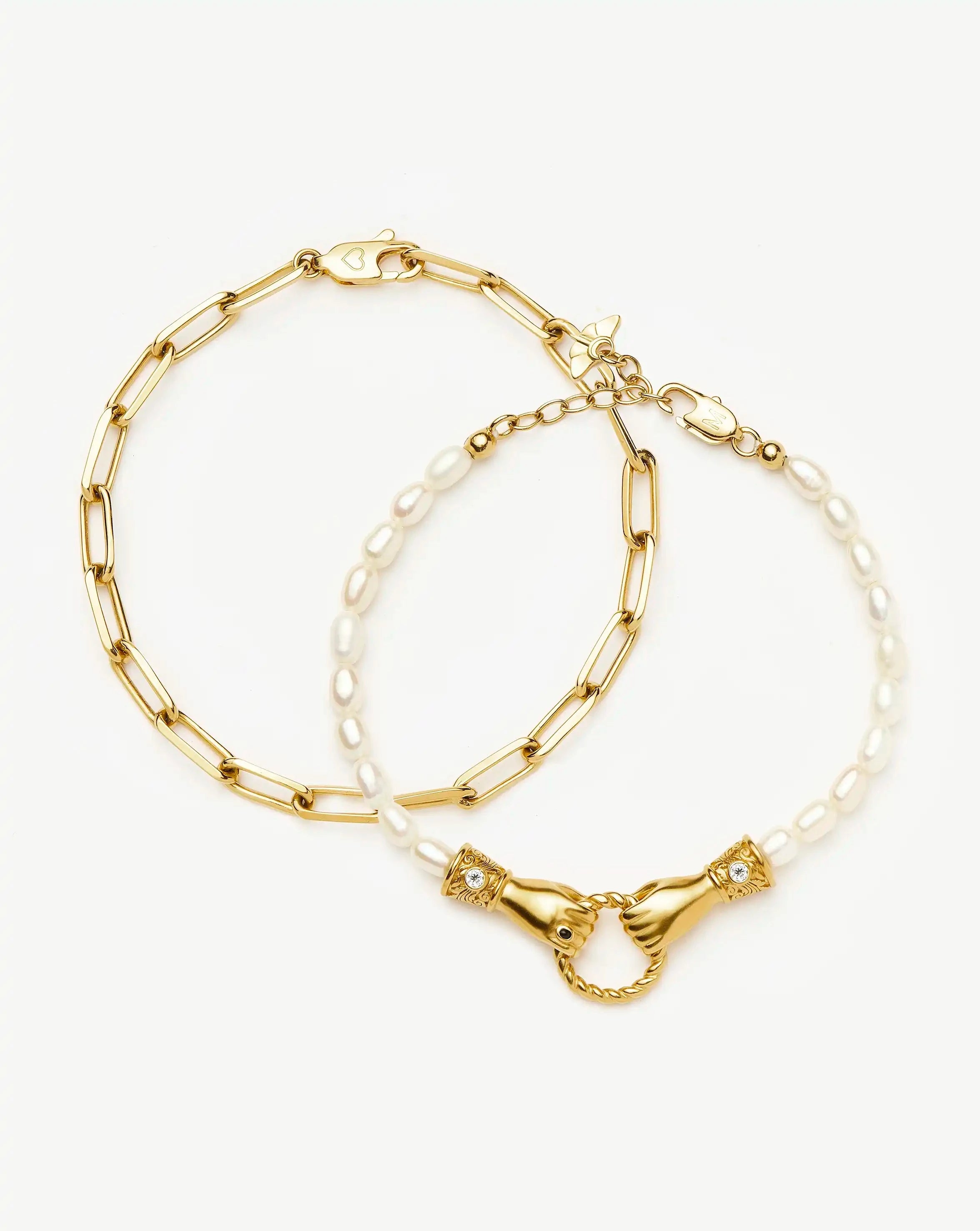 In Good Hands Pearl & Chain Bracelet Set | 18ct Gold Plated / Pearl & Black Onyx Bracelets Missoma 