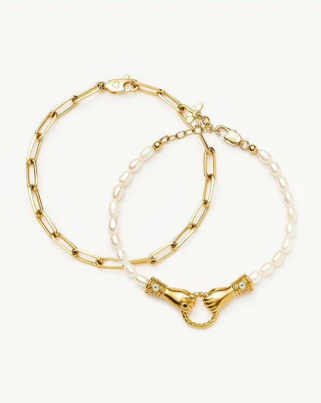 In Good Hands Pearl & Chain Bracelet Set | 18ct Gold Plated / Pearl & Black Onyx