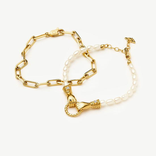 In Good Hands Pearl & Chain Bracelet Set | 18ct Gold Plated / Pearl & Black Onyx Bracelets Missoma 