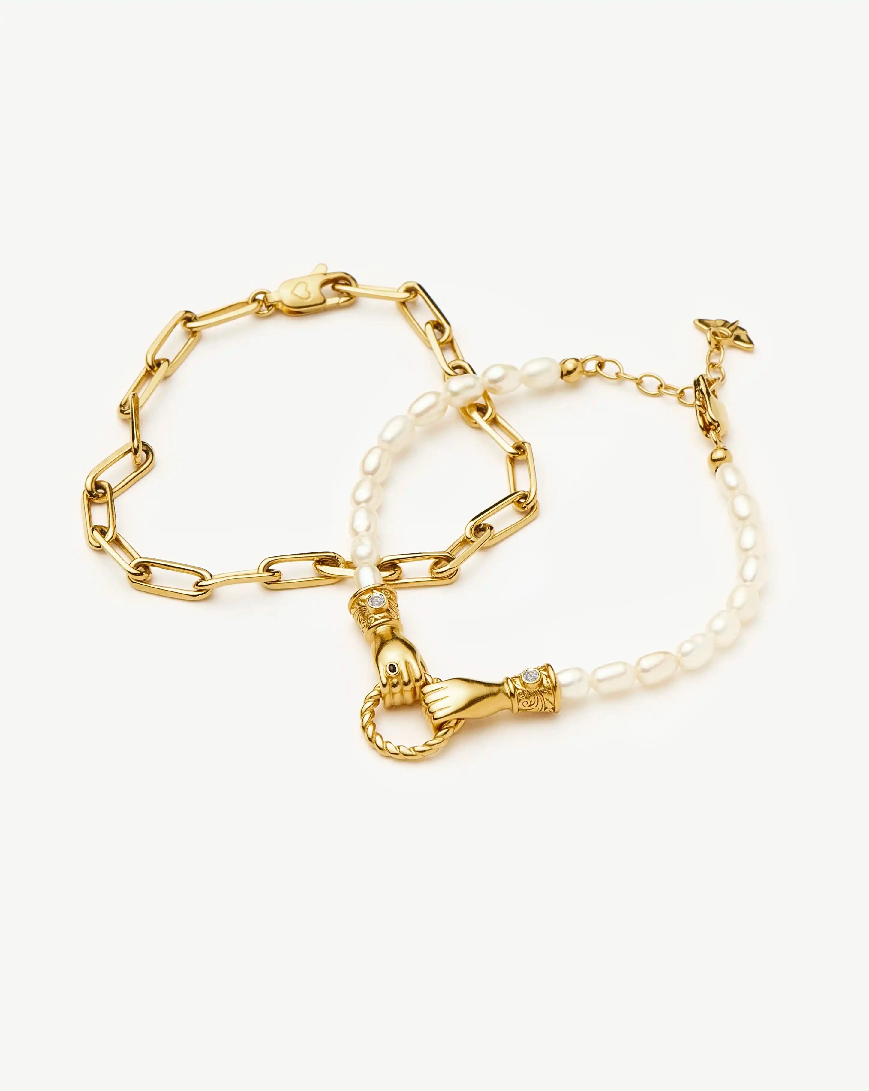 In Good Hands Pearl & Chain Bracelet Set | 18ct Gold Plated / Pearl & Black Onyx Bracelets Missoma 