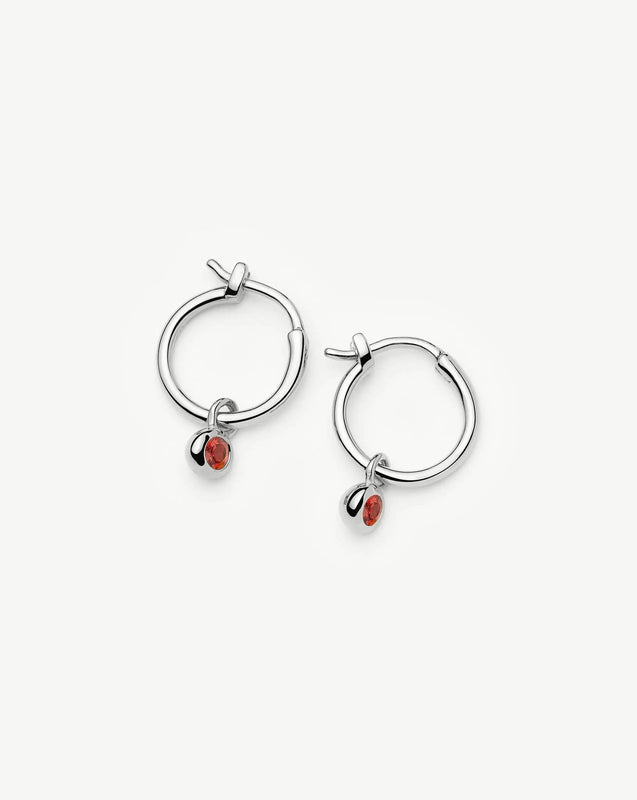 January Birthstone Mini Charm Hoop Earrings | Silver Plated/Garnet