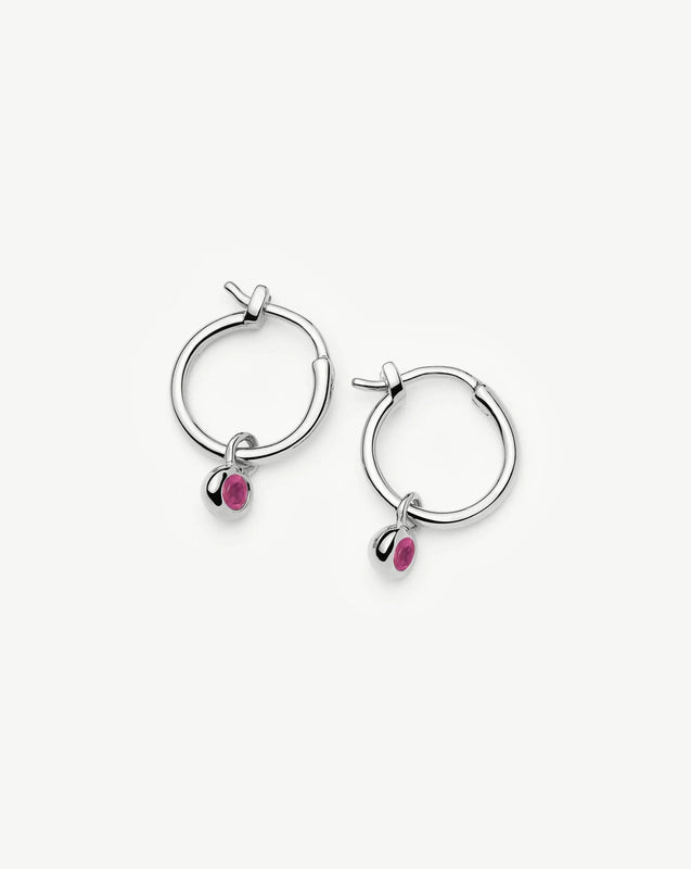 July Birthstone Mini Charm Hoop Earrings | Silver Plated/Glass Filled Ruby