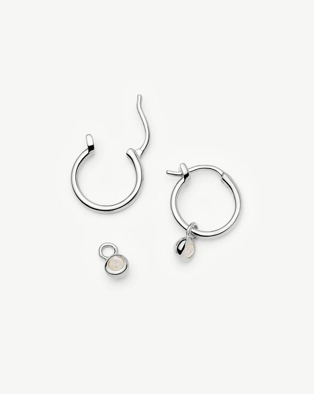 June Birthstone Mini Charm Hoop Earrings | Silver Plated/Rainbow Moonstone