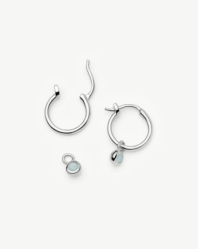 March Birthstone Mini Charm Hoop Earrings | Silver Plated/Milky Aquamarine