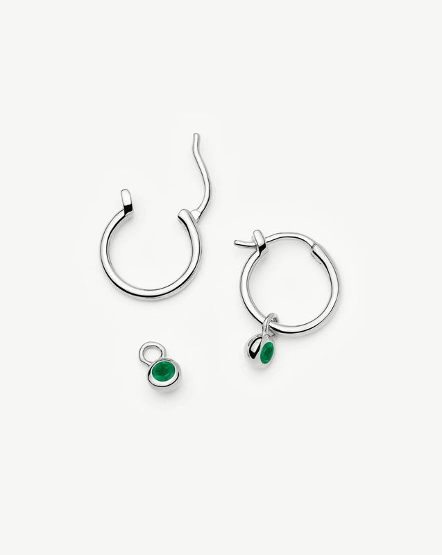 May Birthstone Mini Charm Hoop Earrings | Silver Plated/Green Onyx