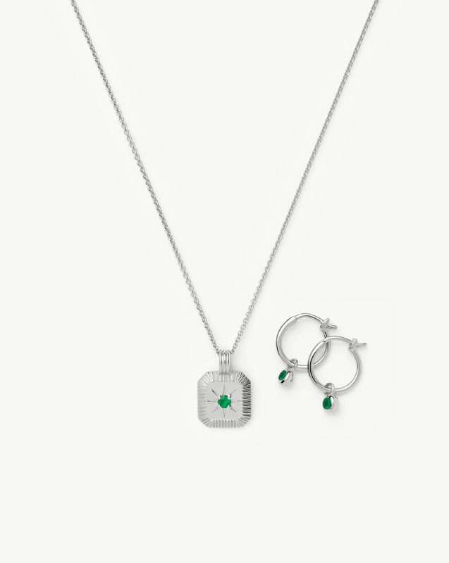 May Birthstone Necklace & Charm Earrings Set | Sterling Silver/Green Onyx