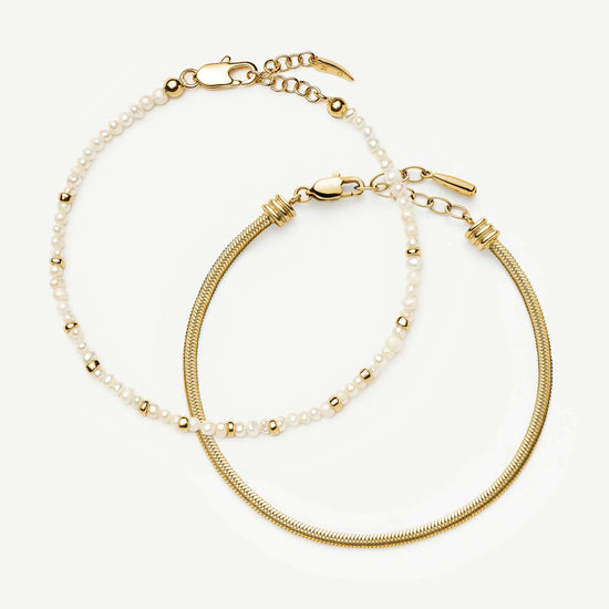 Micro Pearl Beaded & Thin Snake Chain Bracelet Set | 18ct Gold Plated/Pearl Bracelets Missoma 