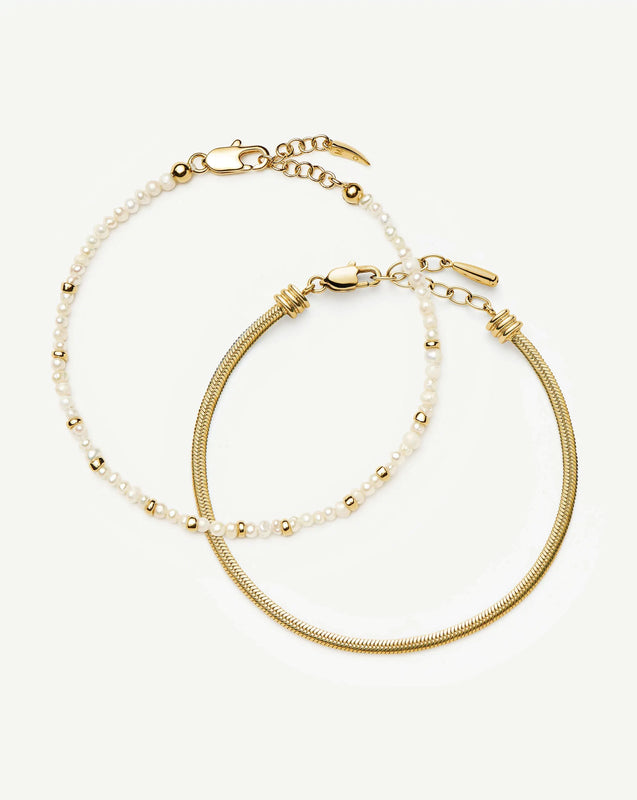 Micro Pearl Beaded & Thin Snake Chain Bracelet Set | 18ct Gold Plated/Pearl