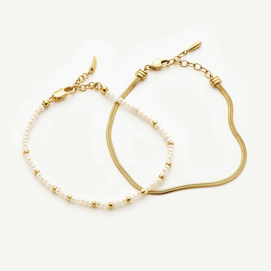 Micro Pearl Beaded & Thin Snake Chain Bracelet Set | 18ct Gold Plated/Pearl Bracelets Missoma 