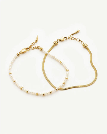 Micro Pearl Beaded & Thin Snake Chain Bracelet Set | 18ct Gold Plated/Pearl Bracelets Missoma 