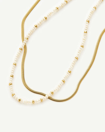 Micro Pearl Beaded & Thin Snake Chain Necklace Set | 18ct Gold Plated/Pearl Necklaces Missoma 