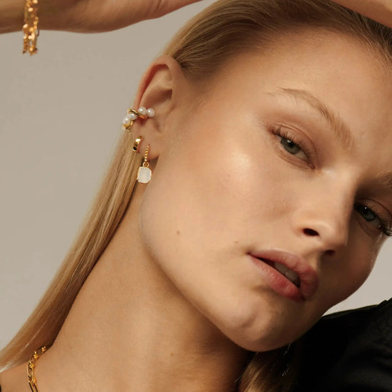 Mini Pyramid Charm Hoop Earrings | 18ct Gold Vermeil/Rainbow Moonstone Earrings Missoma 