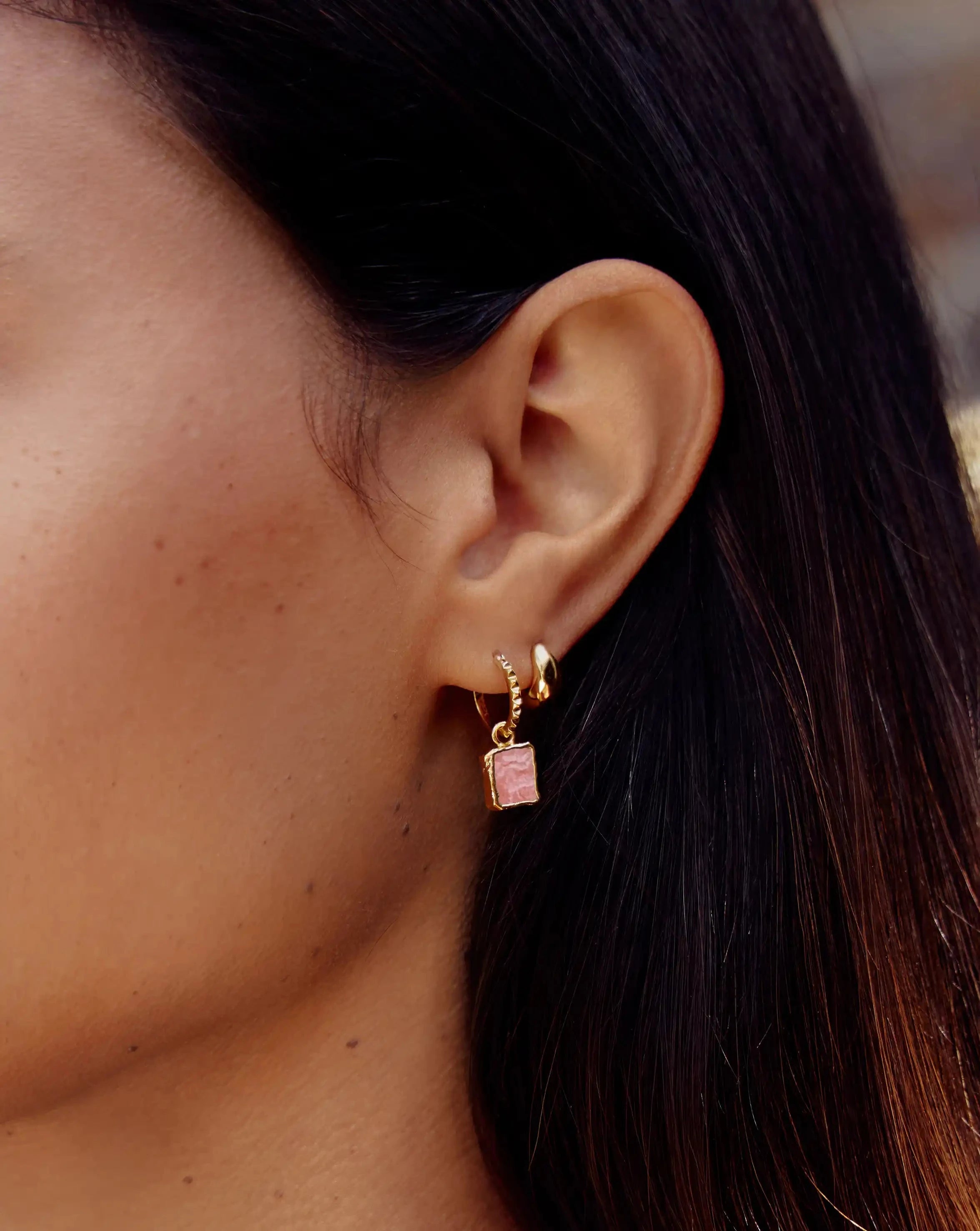 Mini Pyramid Charm Hoop Earrings | 18ct Gold Vermeil/Rhodochrosite Earrings Missoma 