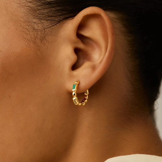 Molten Gemstone Baguette Small Hoop Earrings | 18ct Gold Plated/Blue and Green Onyx Earrings Missoma 