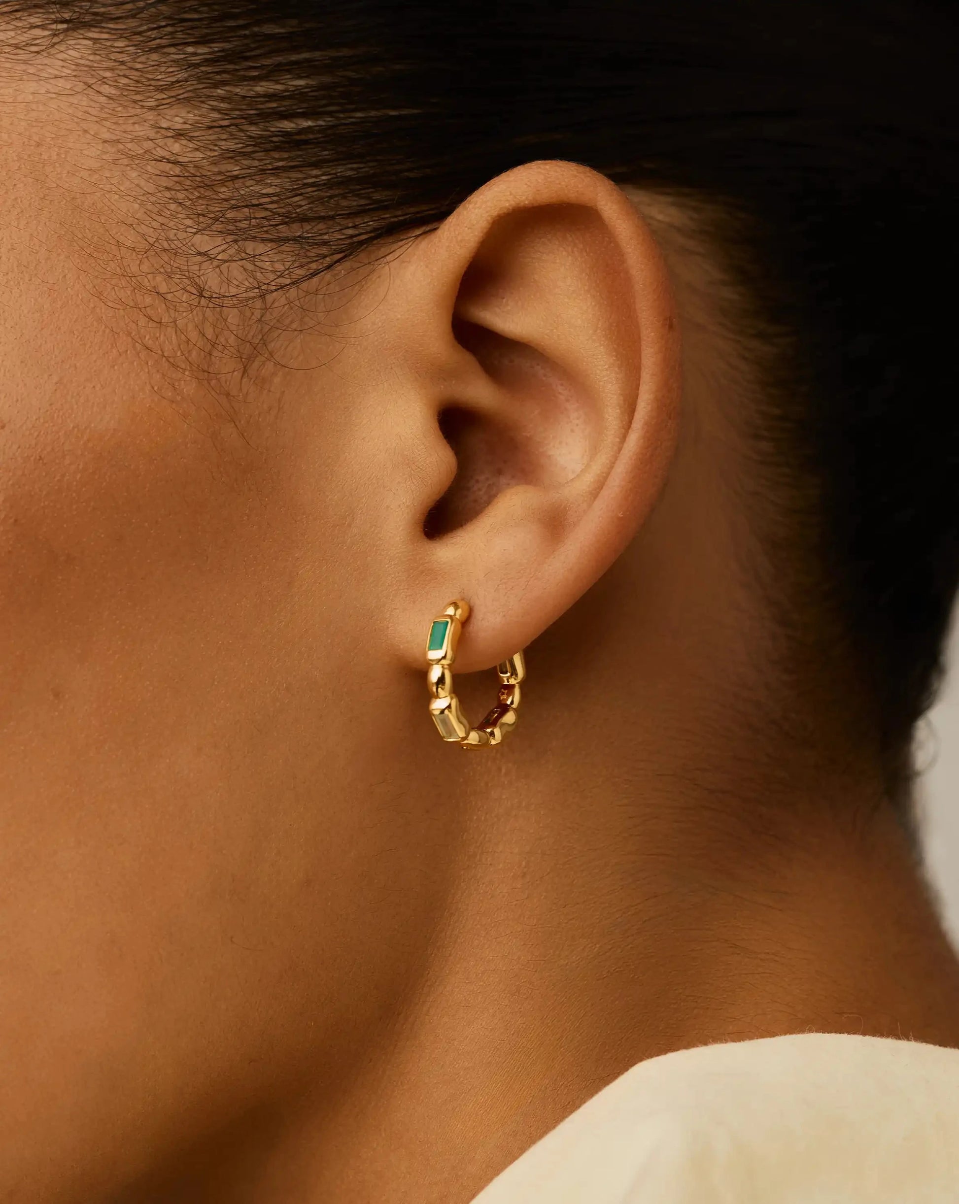 Molten Gemstone Baguette Small Hoop Earrings | 18ct Gold Plated/Blue and Green Onyx Earrings Missoma 