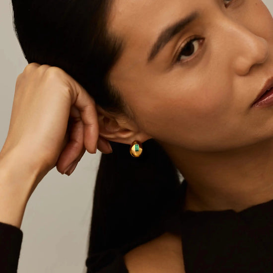 Molten Gemstone Dome Small Hoop Earrings | 18ct Gold Plated/Green Onyx Earrings Missoma 