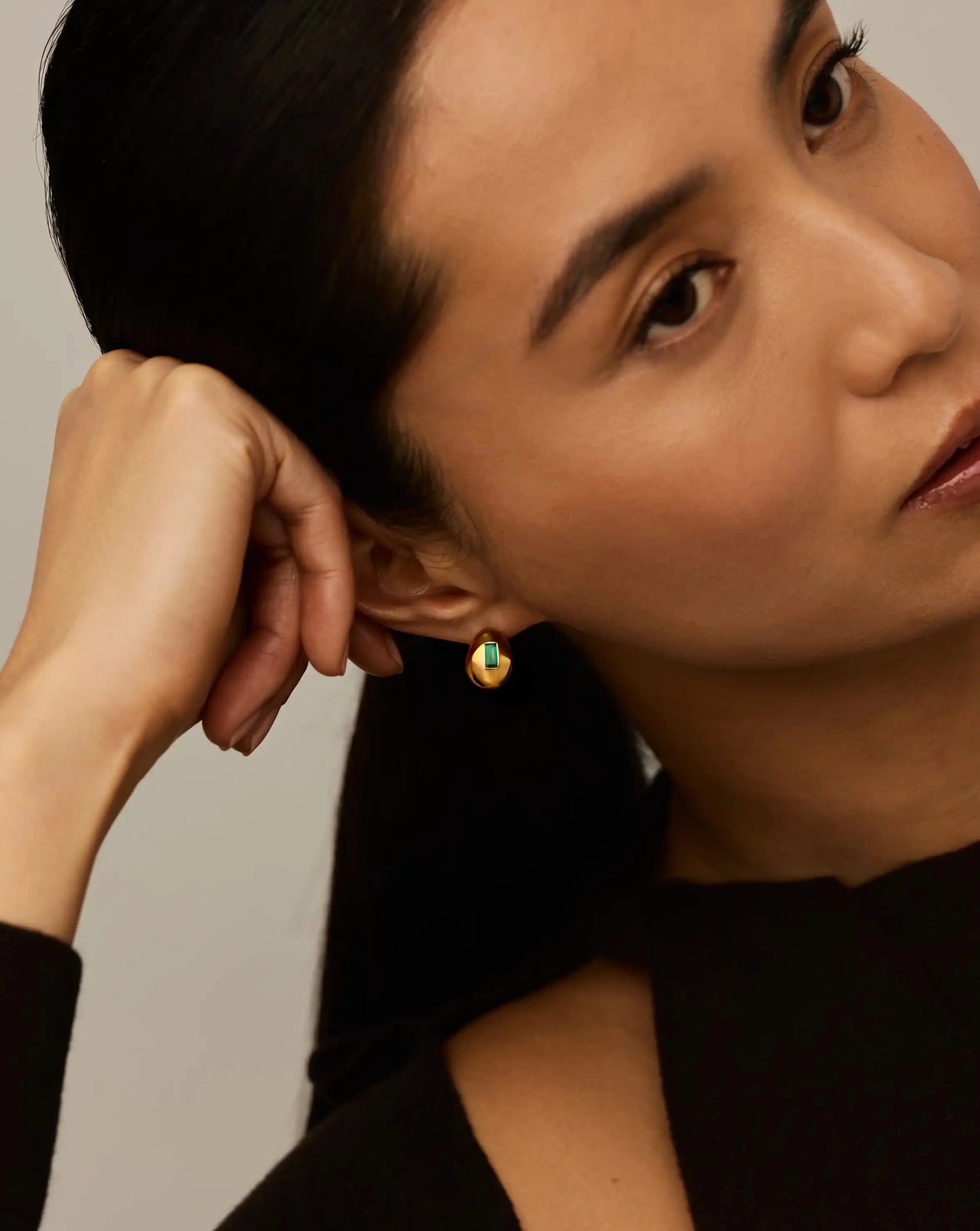 Molten Gemstone Dome Small Hoop Earrings | 18ct Gold Plated/Green Onyx Earrings Missoma 