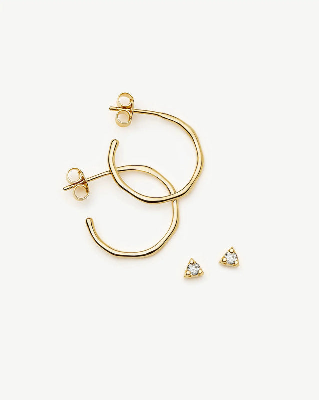 Molten Hoop & Prism Stud Earrings Set | 18ct Gold Vermeil/Cubic Zirconia