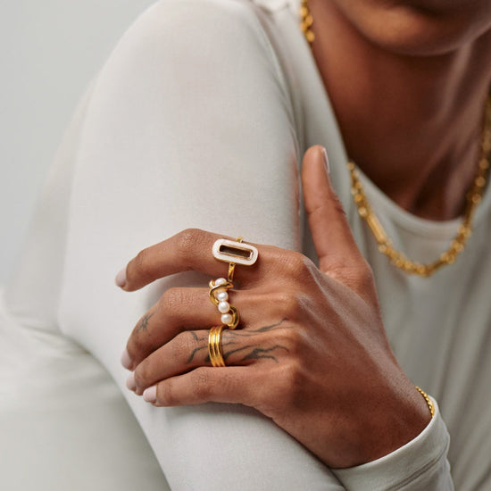 Molten Pearl Twisted Stacking Ring | 18ct Gold Plated Vermeil/Pearl Rings Missoma 
