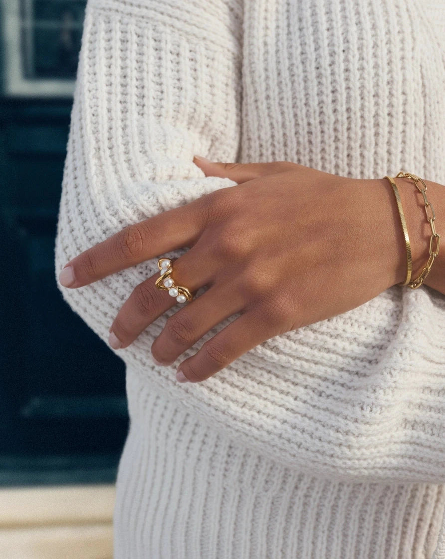 Molten Pearl Twisted Stacking Ring | 18ct Gold Vermeil/Pearl Rings Missoma 