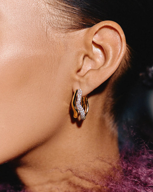 Molten Snow Double Medium Hoop Earrings | 18ct Gold Plated/Cubic Zirconia Earrings Missoma 