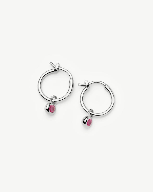 October Birthstone Mini Charm Hoop Earrings | Silver Plated/Pink Tourmaline