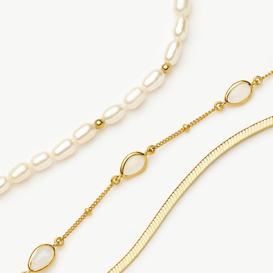 Pearl & Snake Chain Triple Bracelet Set | 18ct Gold Plated Layering Sets Missoma 