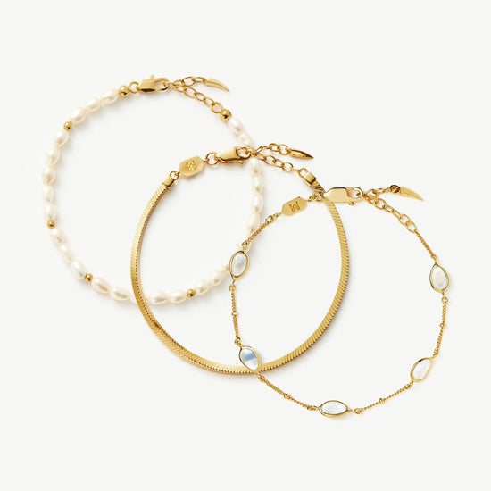 Pearl & Snake Chain Triple Bracelet Set | 18ct Gold Plated Layering Sets Missoma 