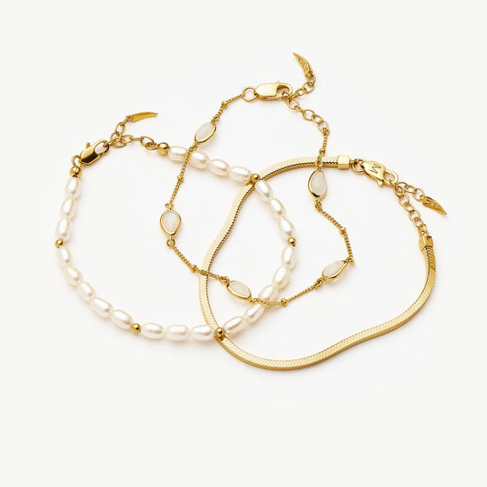 Pearl & Snake Chain Triple Bracelet Set | 18ct Gold Plated Layering Sets Missoma 