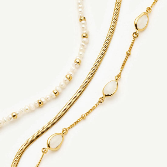 Pearl & Snake Chain Triple Bracelet Set | 18ct Gold Plated/Pearl Bracelets Missoma 