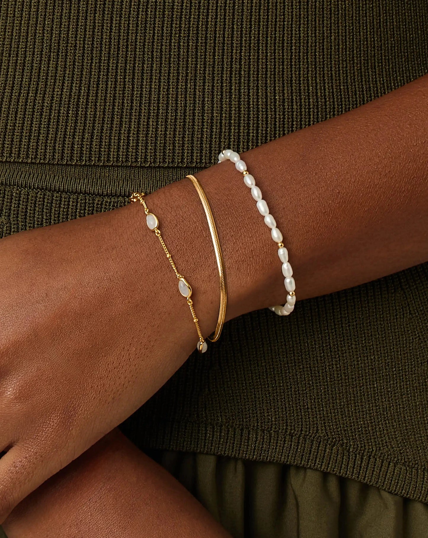 Pearl & Snake Chain Triple Bracelet Set | 18ct Gold Plated/Pearl Bracelets Missoma 