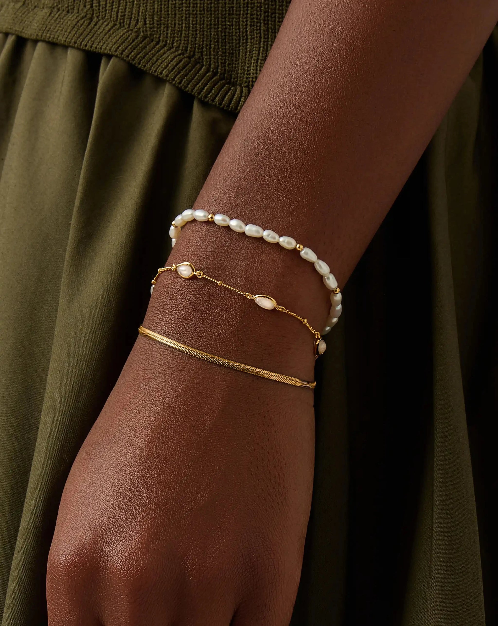 Pearl & Snake Chain Triple Bracelet Set | 18ct Gold Plated/Pearl Bracelets Missoma 