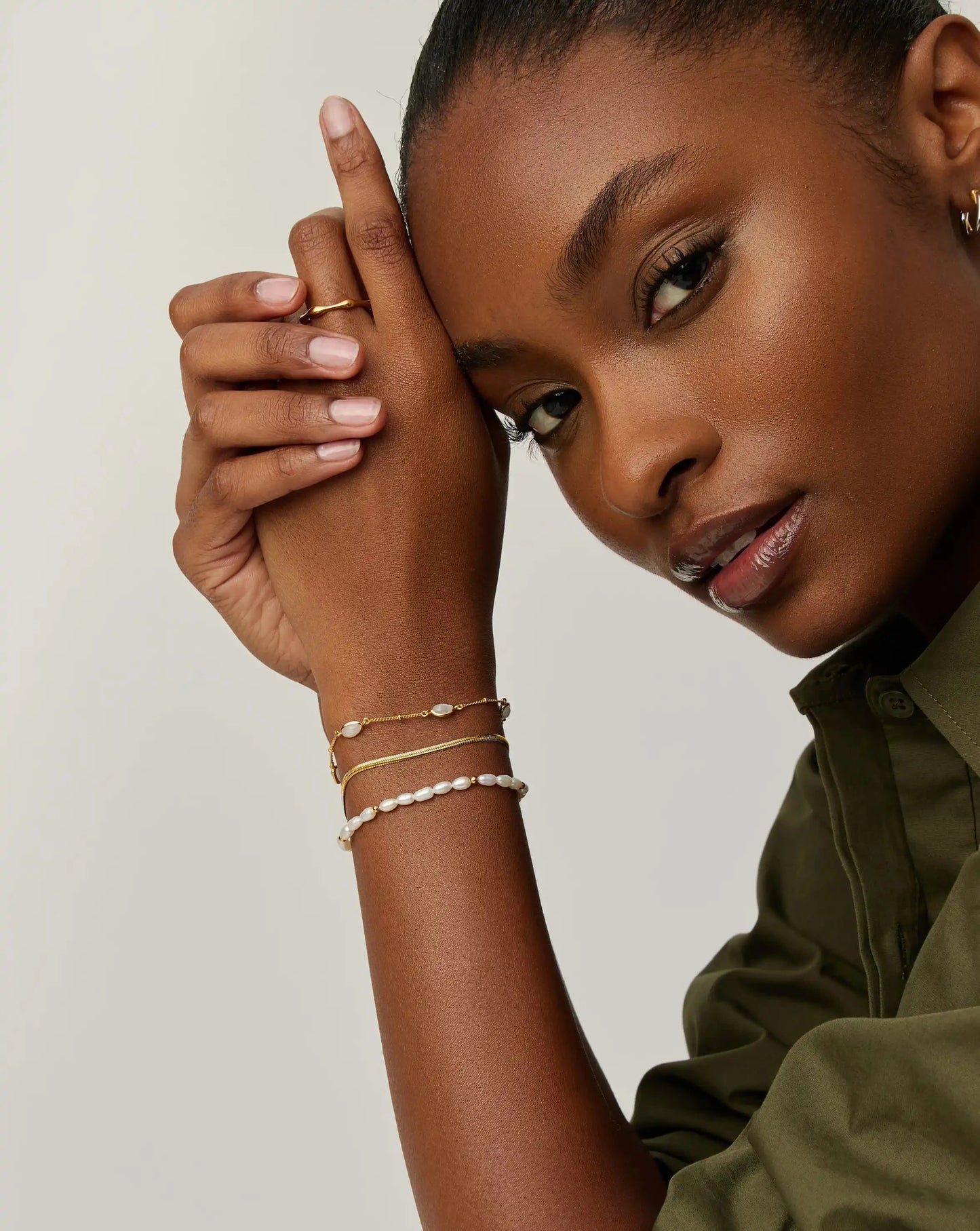 Pearl & Snake Chain Triple Bracelet Set | 18ct Gold Plated/Pearl Bracelets Missoma 