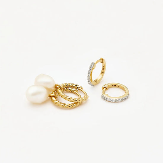 Pearl Twisted Drop Earrings & Classic Pave Huggies Set | 18ct Gold Vermeil/Pearl/Cubic Zirconia Earrings Missoma 