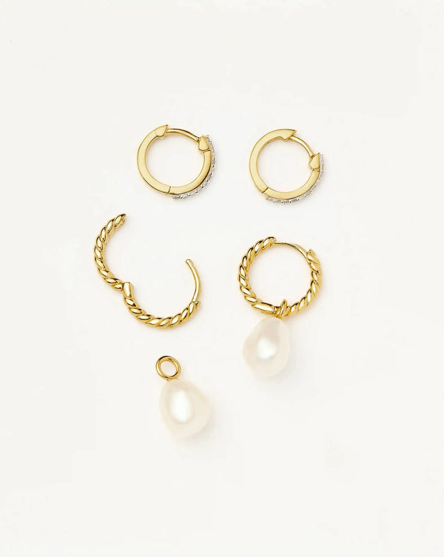 Pearl Twisted Drop Earrings & Classic Pave Huggies Set | 18ct Gold Vermeil/Pearl/Cubic Zirconia