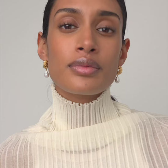 Missoma - 18ct gold plated baya texture and pearl charm drop hoops
