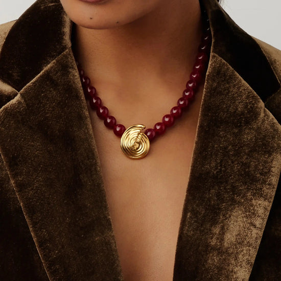 Spiral Gemstone Beaded Pendant Necklace | 18ct Gold Plated/Dark Cherry Crystal Quartz Necklaces Missoma 