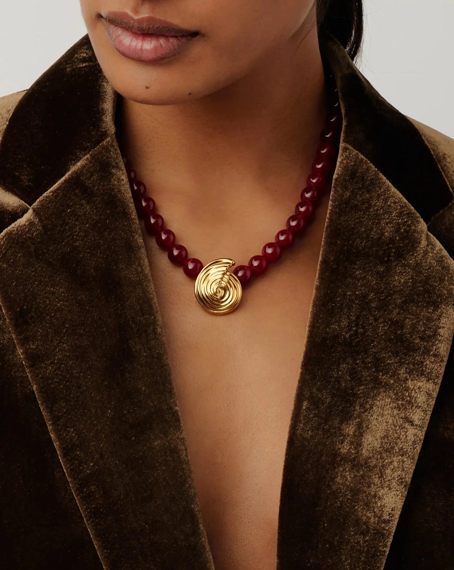 Spiral Gemstone Beaded Pendant Necklace | 18ct Gold Plated/Dark Cherry Crystal Quartz Necklaces Missoma 