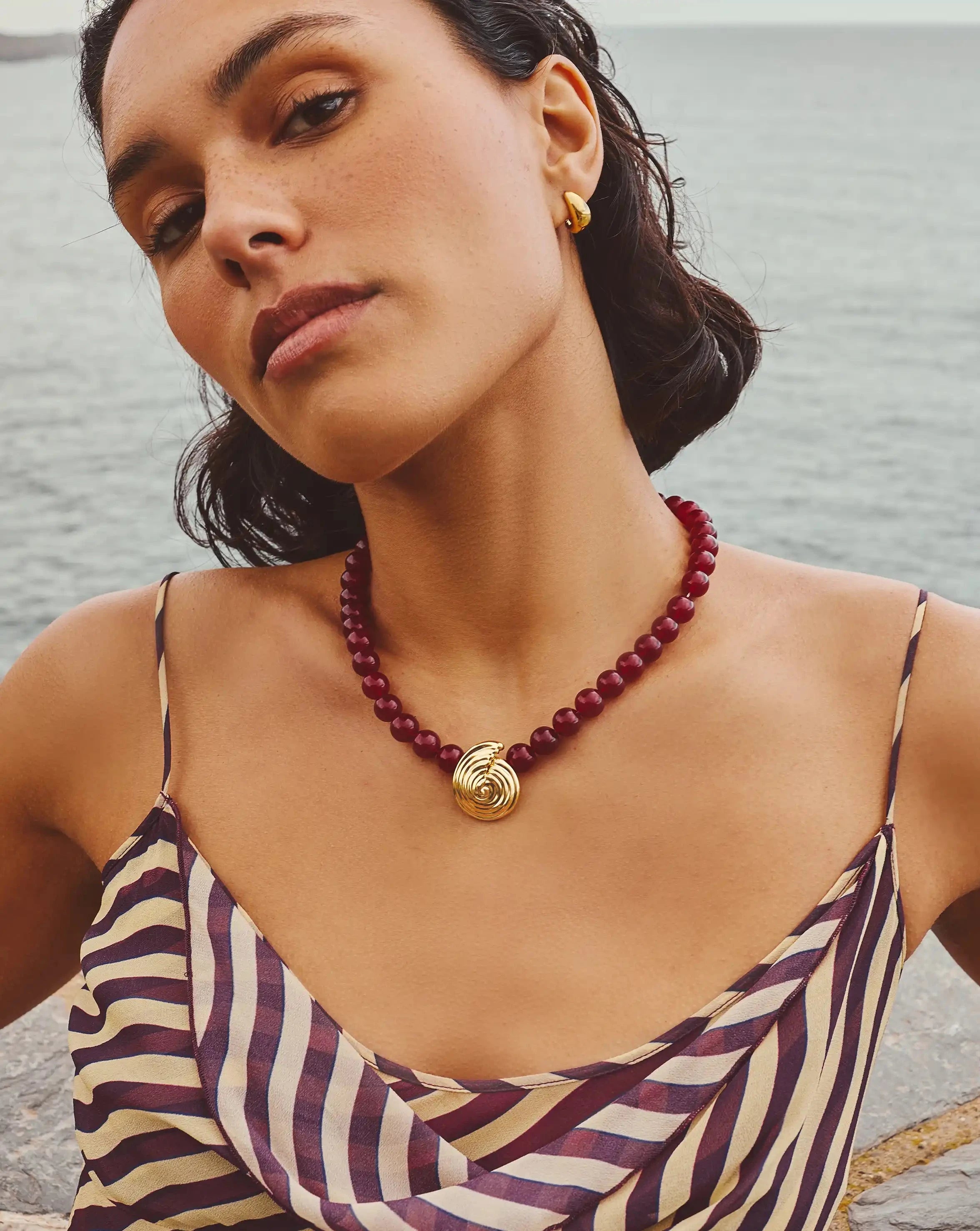 Spiral Gemstone Beaded Pendant Necklace | 18ct Gold Plated/Dark Cherry Crystal Quartz Necklaces Missoma 