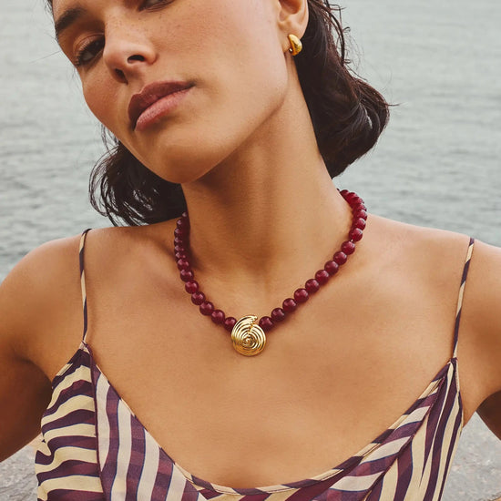 Spiral Gemstone Beaded Pendant Necklace | 18ct Gold Plated/Dark Cherry Crystal Quartz Necklaces Missoma 