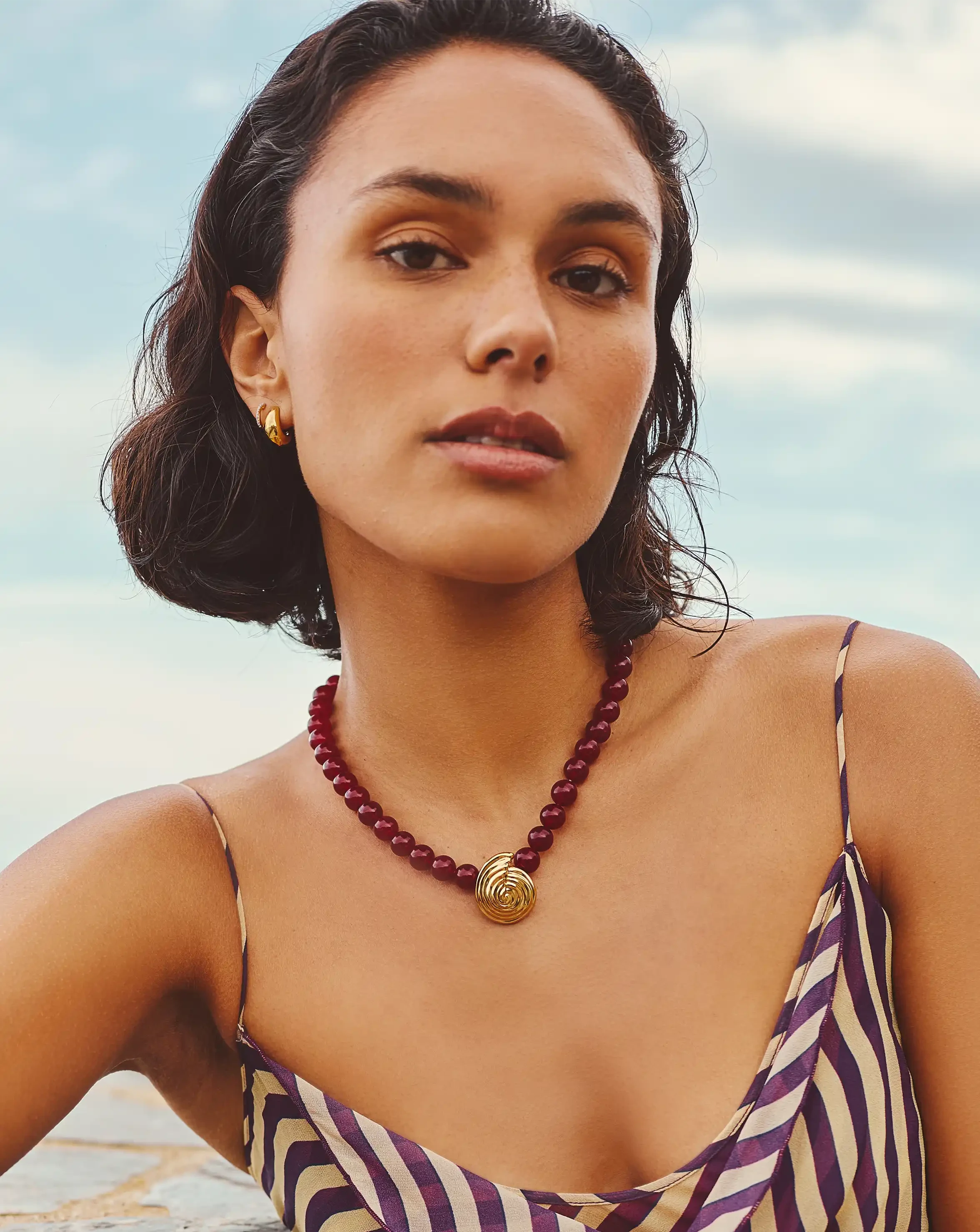 Spiral Gemstone Beaded Pendant Necklace | 18ct Gold Plated/Dark Cherry Crystal Quartz Necklaces Missoma 