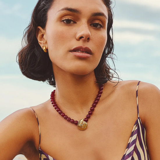 Spiral Gemstone Beaded Pendant Necklace | 18ct Gold Plated/Dark Cherry Crystal Quartz Necklaces Missoma 