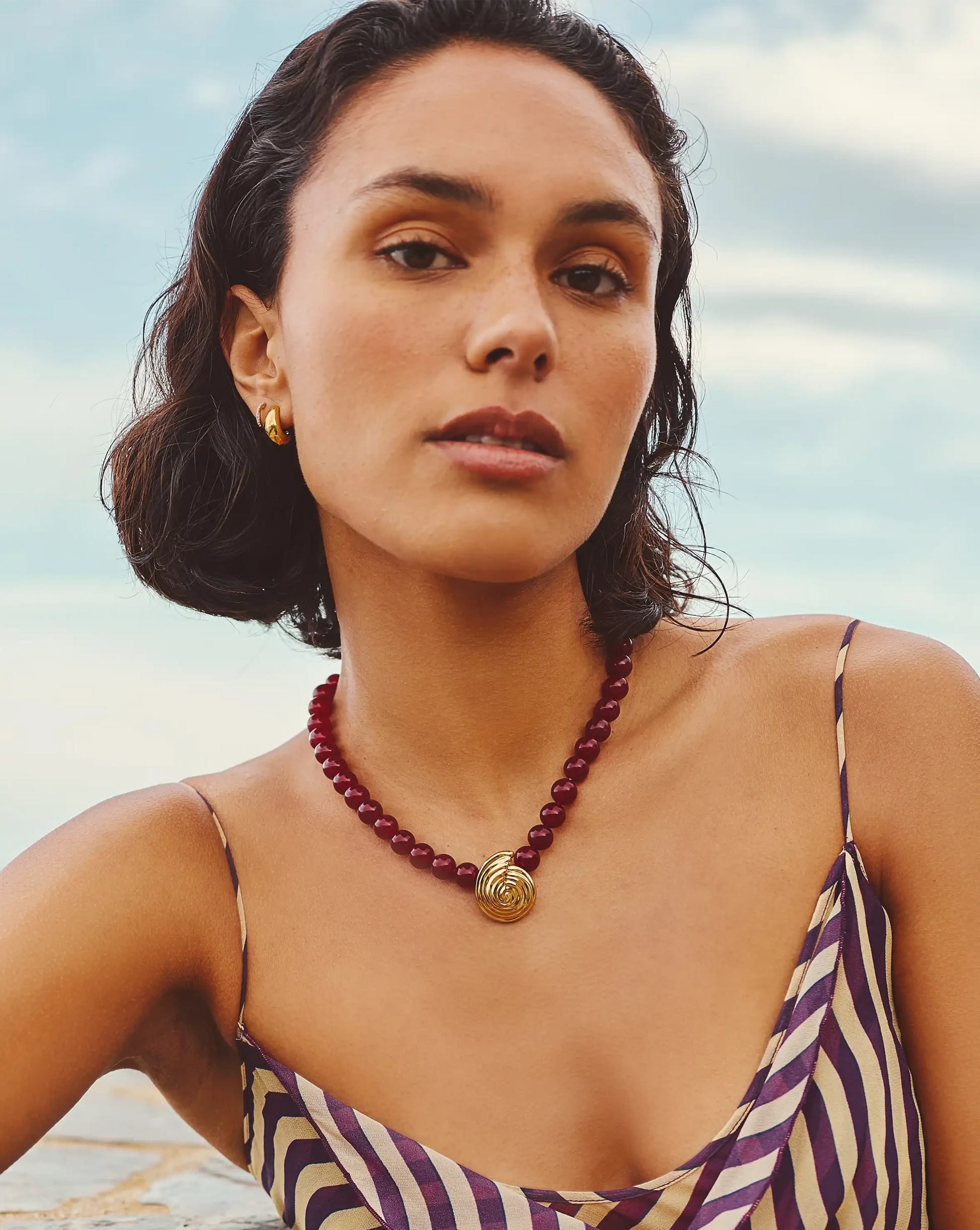 Spiral Gemstone Beaded Pendant Necklace | 18ct Gold Plated/Dark Cherry Crystal Quartz Necklaces Missoma 
